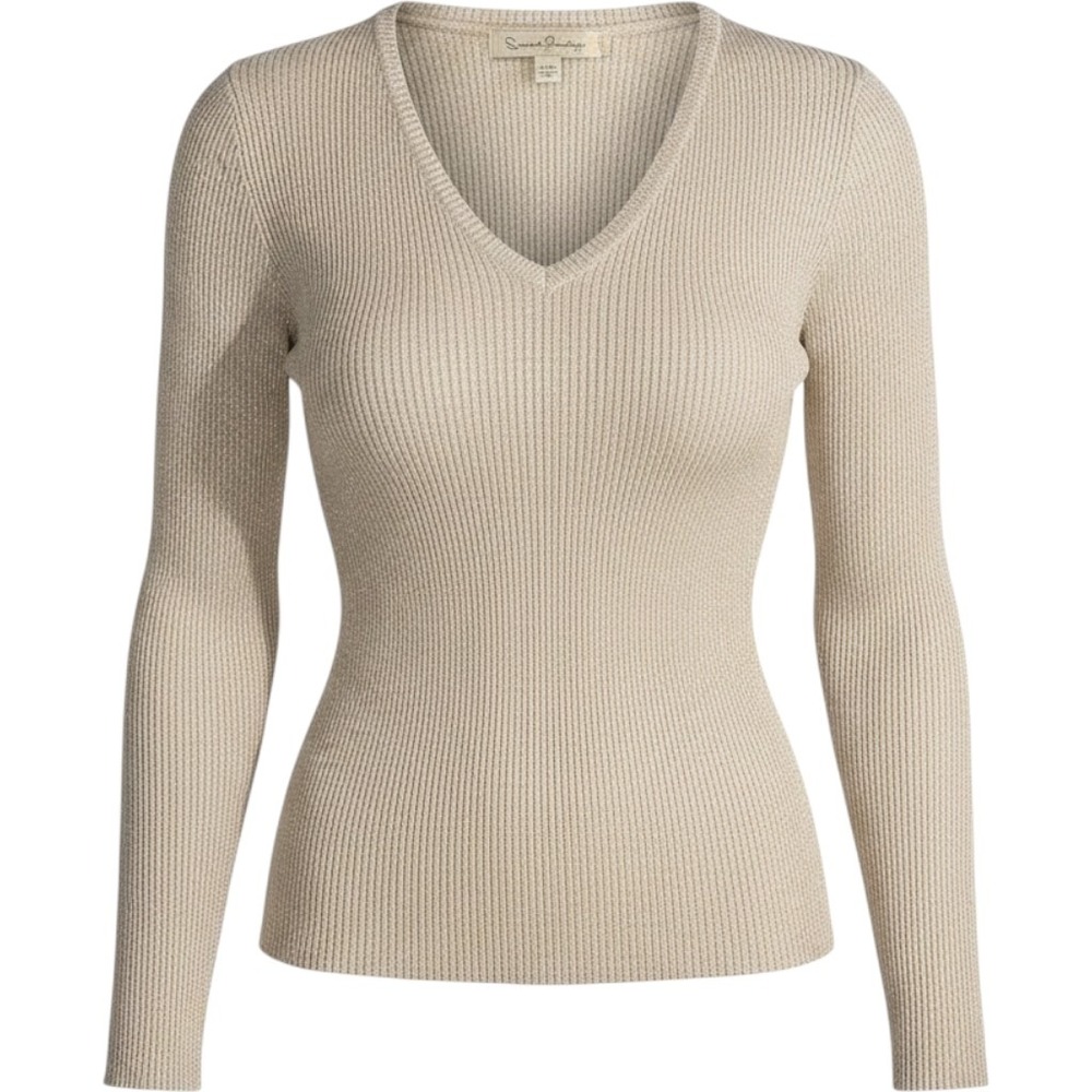 XL FRENCH LAUNDRY Women's Metallic Knit V-Neck Long Sleeve Sweater gold silky